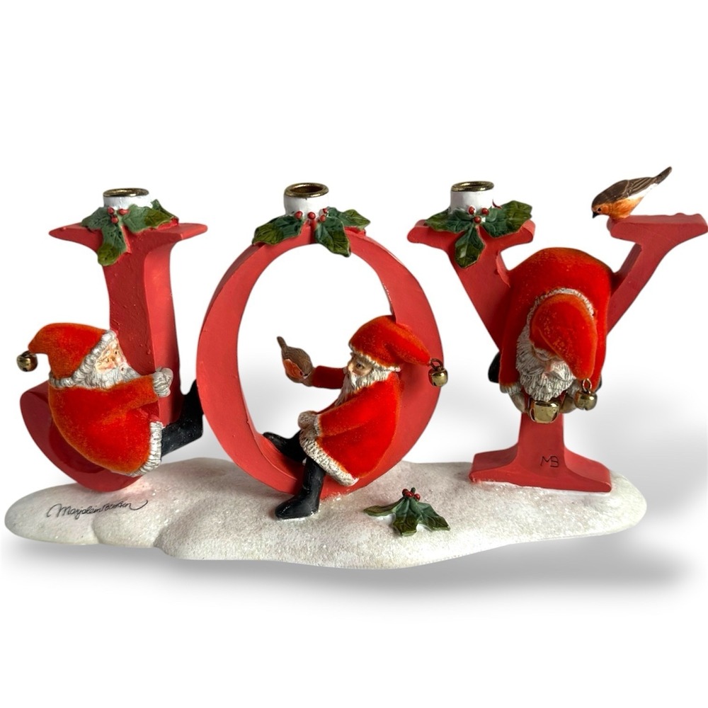 VTG Hallmark Marjolein Bastin JOY Candle Holder Flocked Santa Christmas Decor